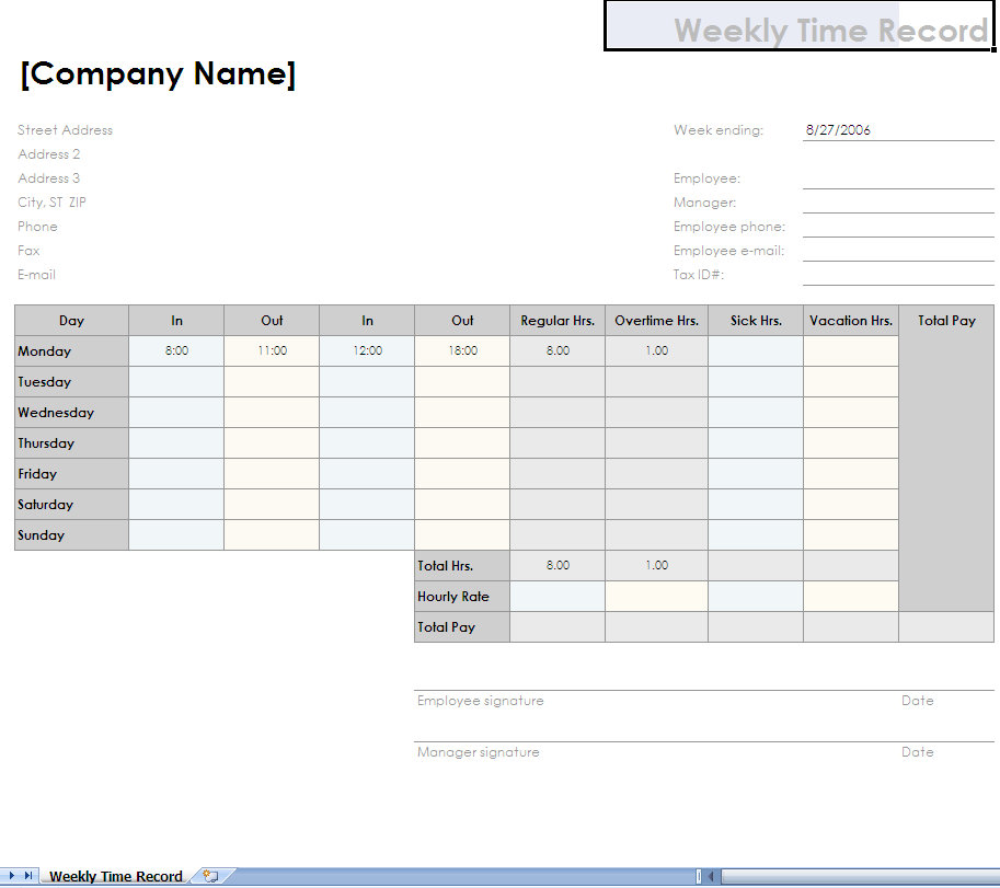 weekly timesheet template. Weekly Time Sheet