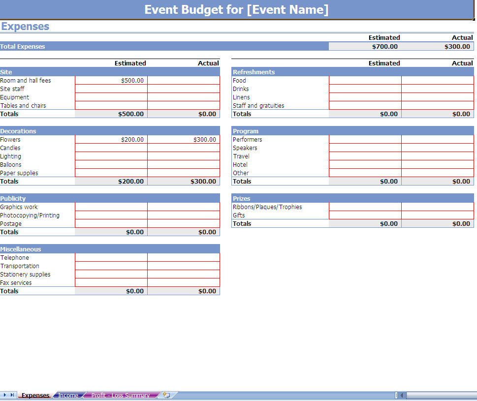 event budgeting excel template