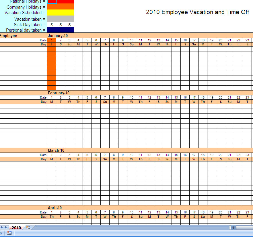 2009 Employee Calendar Template