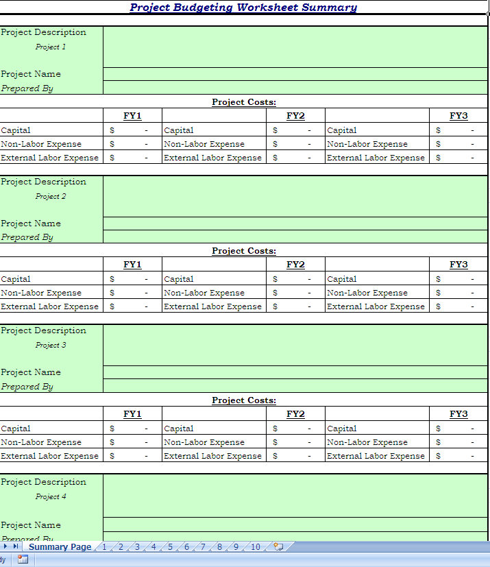 Project Budgeting Worksheet Summary Excel Template