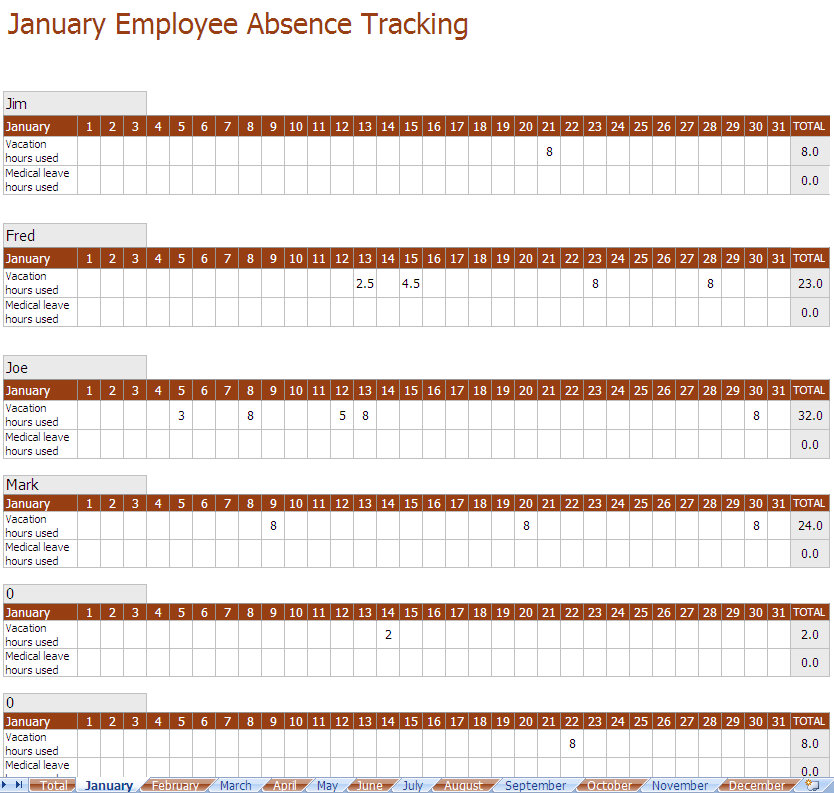 screenshot of the employee absence tracking excel template