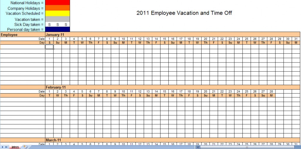 2011 calendar template with holidays. 2011 Employee Vacation