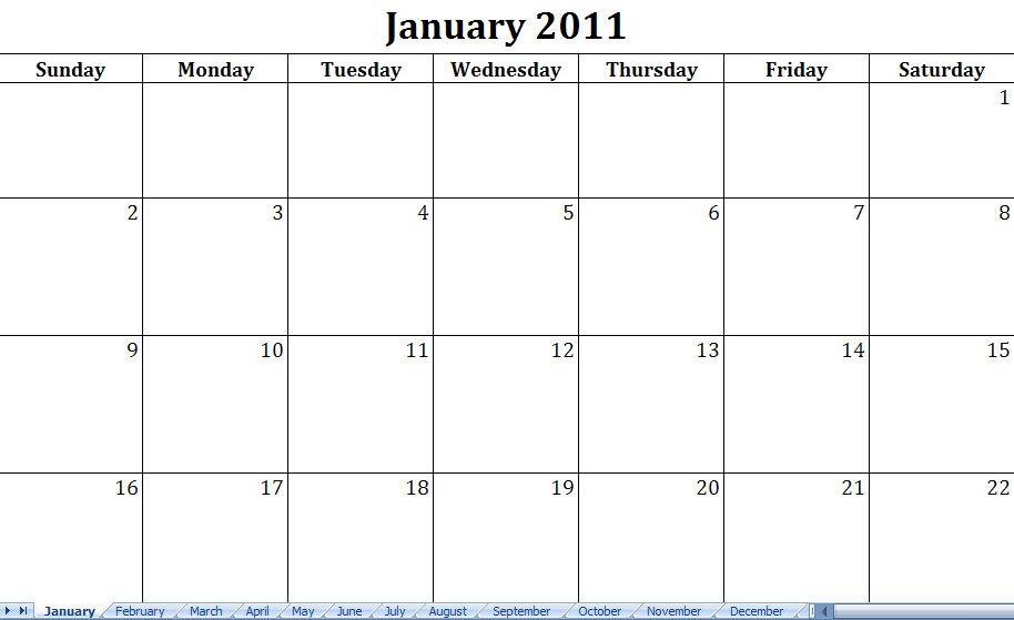 yearly calendar template 2011. 2011 Printable Monthly