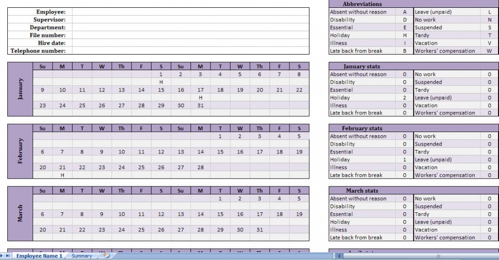 attendance calendar template