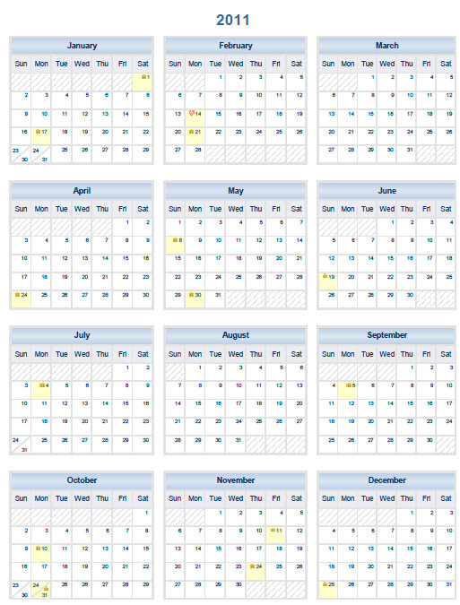 Use this 2011 Printable One Page PDF Calendar Template to make your yearly 