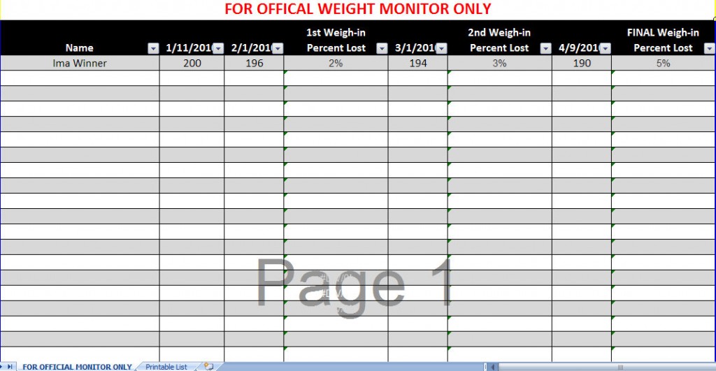 Weight Loss Challenge Chart Template