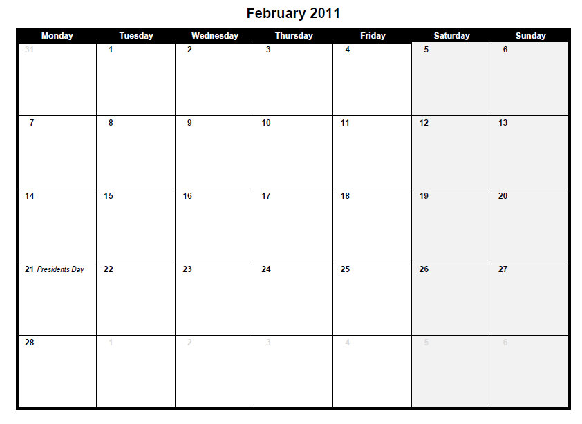 calendar february 2011. PDF February 2011 Calendar