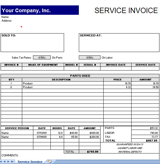 service invoice template excel