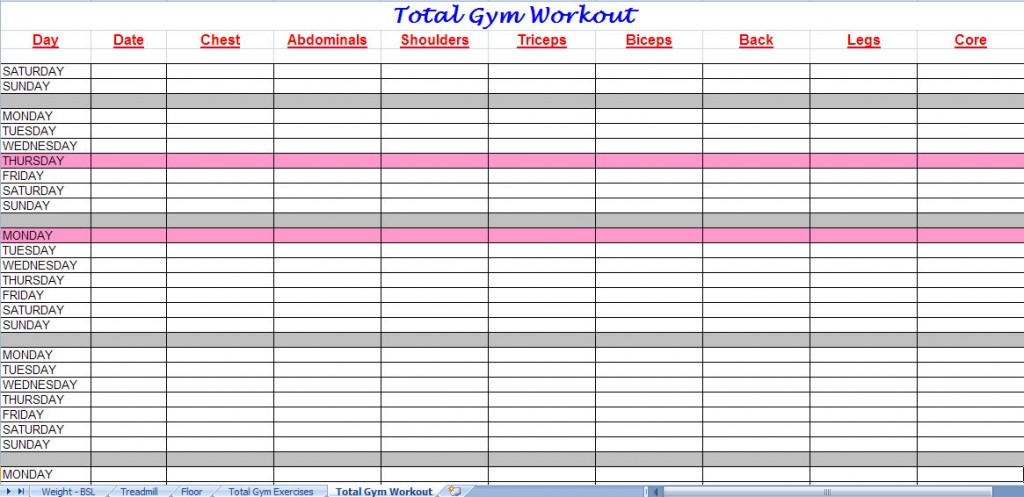 Total Gym Workout Chart