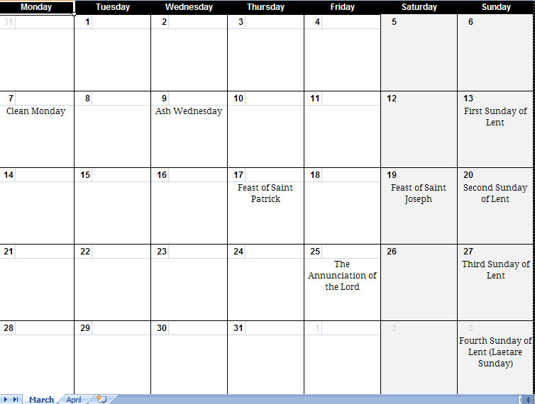 2011 printable lent calendar