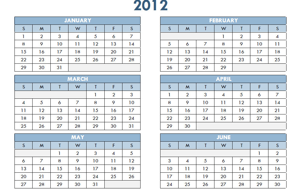 2012 Printable PDF One Page Yearly Calendar Template