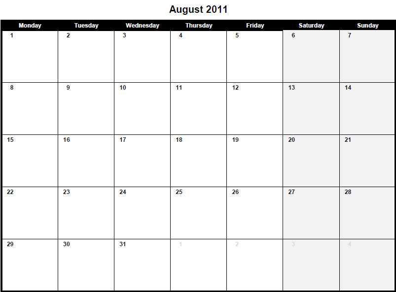 Printable PDF August 2011 Calendar