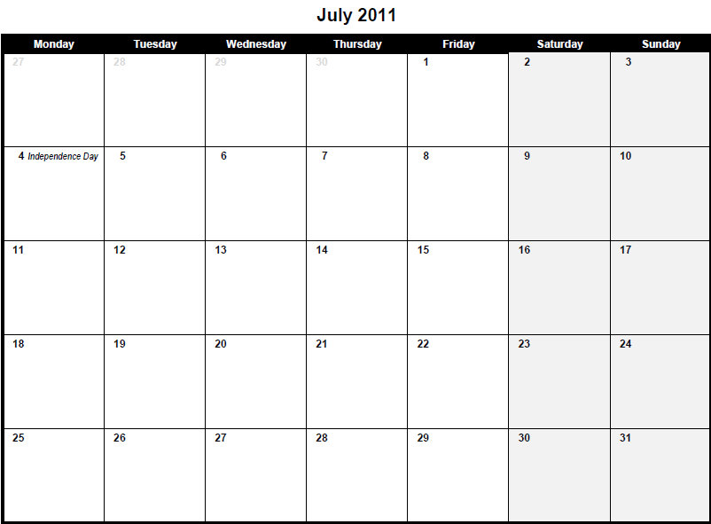 printable 2011 calendar. Printable PDF July 2011