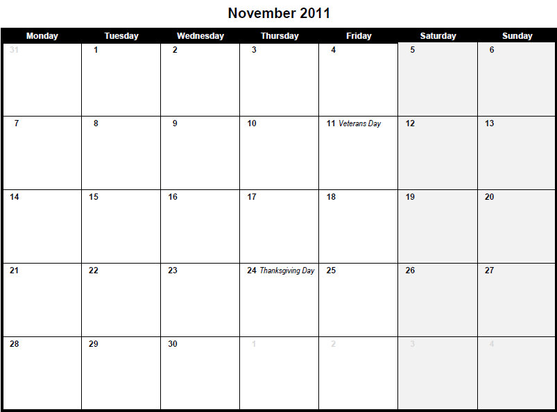 2011 Calendar November. PDF November 2011 Calendar