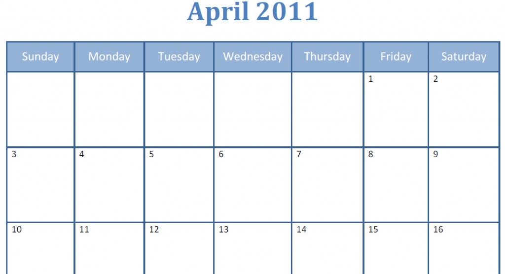 Printable blank pdf April 2011 monthly calendar