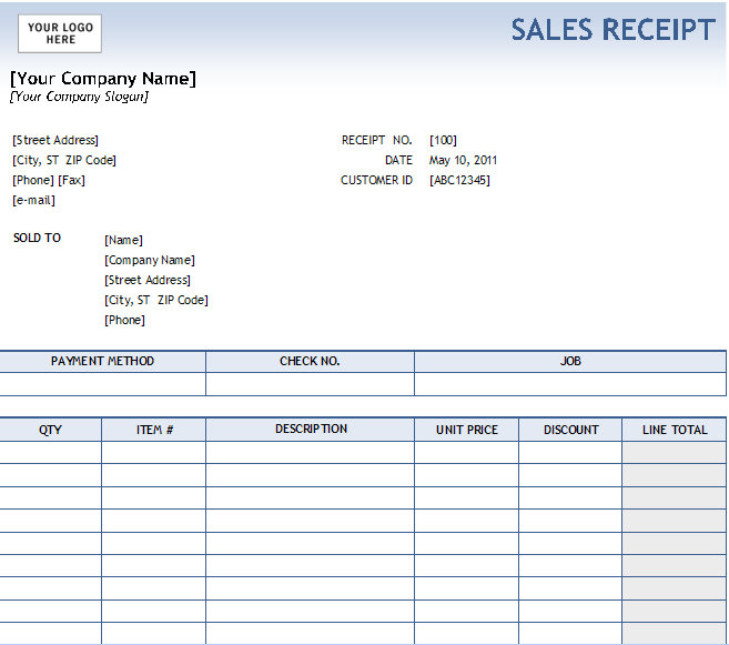 Excel Sales Receipt