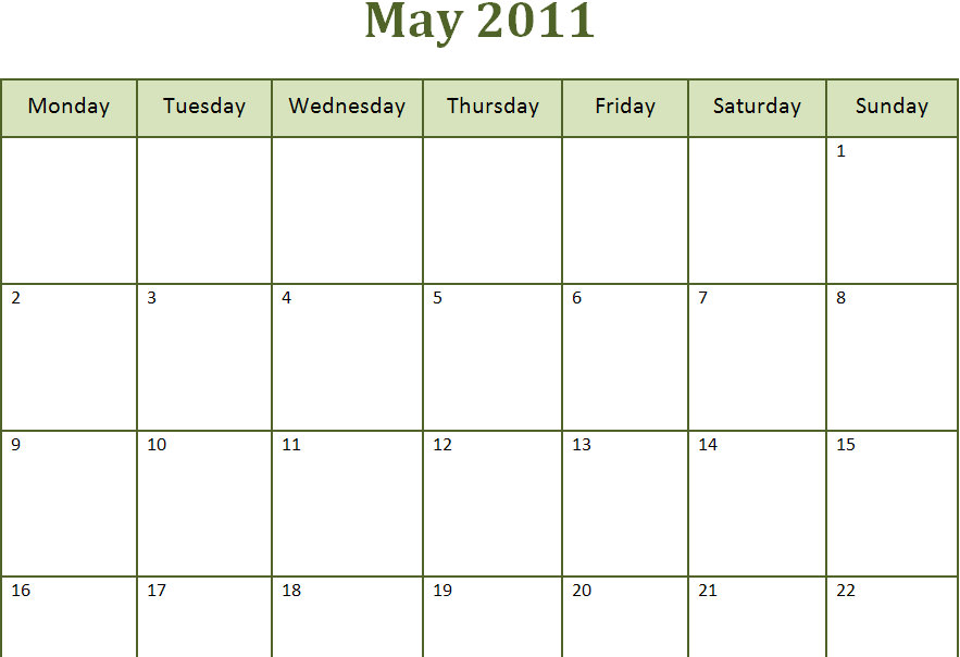 Printable Blank PDF May 2011 Monthly Calendar