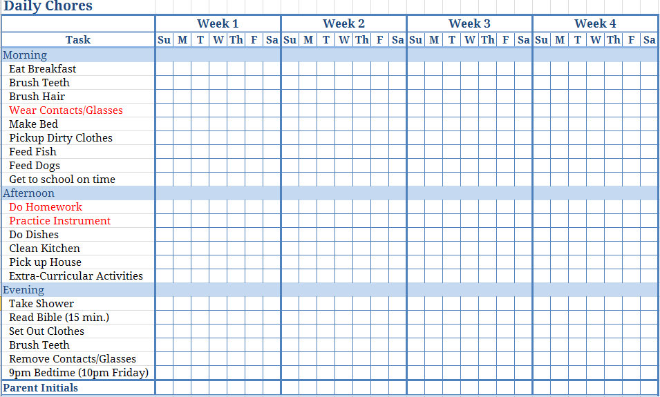 Printable Shower Chart