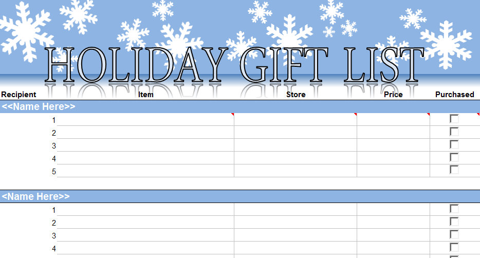 printable holiday shopping list template