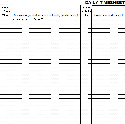 Printable Blank Excel Daily Timesheet