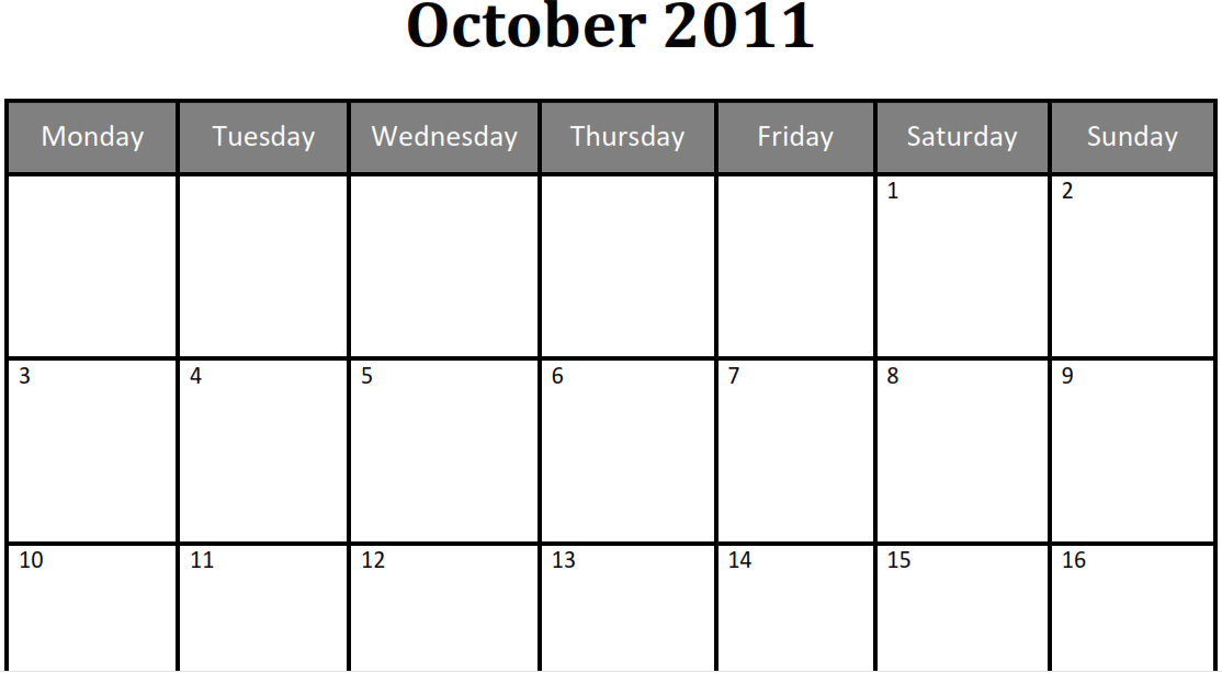 Printable Blank PDF October 2011 Monthly Calendar
