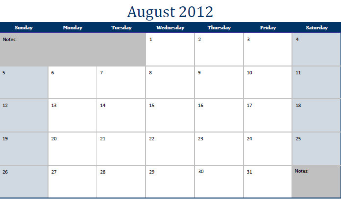 Printable PDF August 2012 Calendar