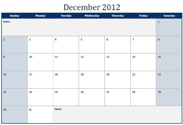 Printable PDF December 2012 calendar