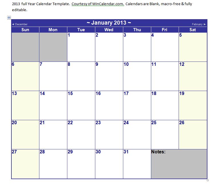 2013 Australian Calendar Template